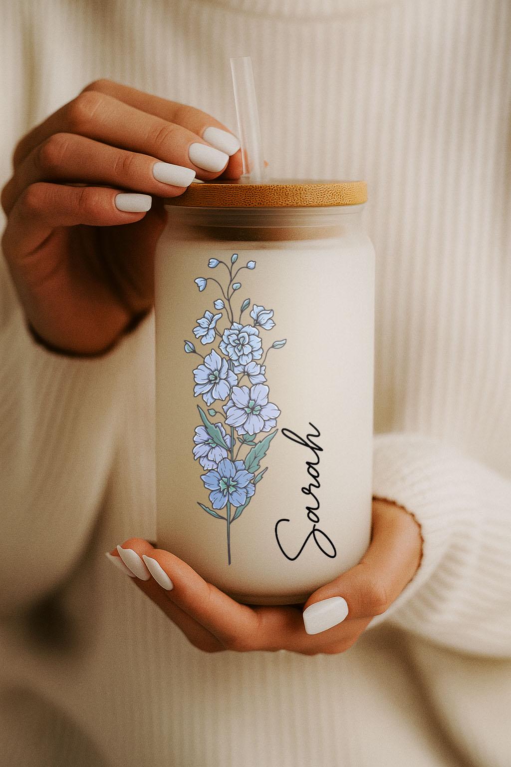 Customizable Birth Month Flower Design Glass Cup, Floral Name Can Glass Tumbler