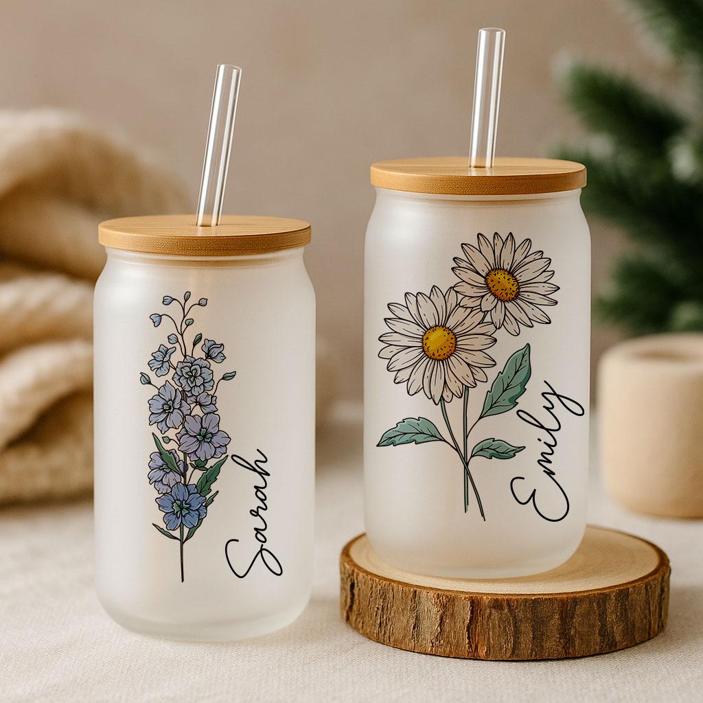 Customizable Birth Month Flower Design Glass Cup, Floral Name Can Glass Tumbler