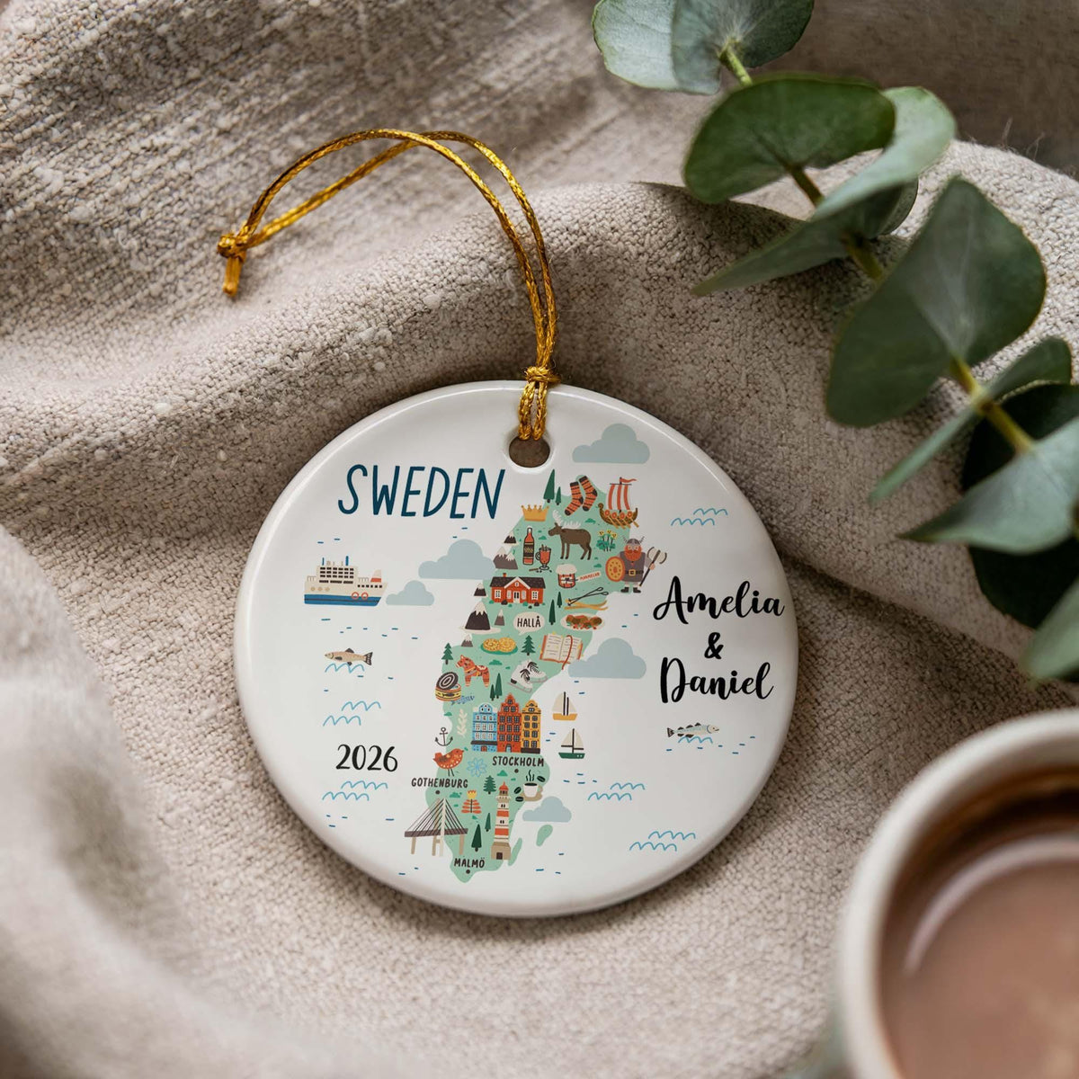 Personalized Sweden Map Ceramic Ornament, Couple's Travel Keepsake