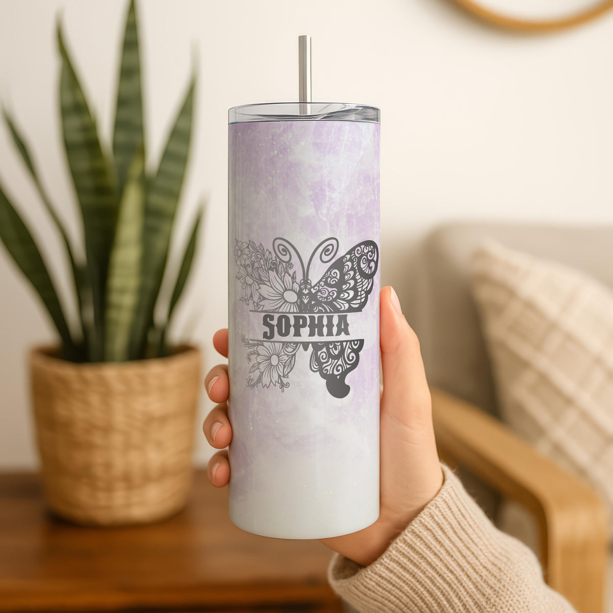 Personalized Flower Design Tumbler With Straw, Custom Colorful Floral Coffee Cup