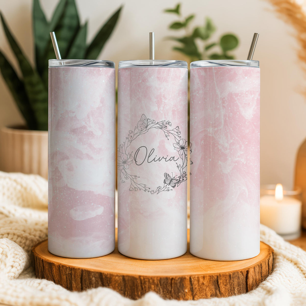 Personalized Flower Design Tumbler With Straw, Custom Colorful Floral Coffee Cup