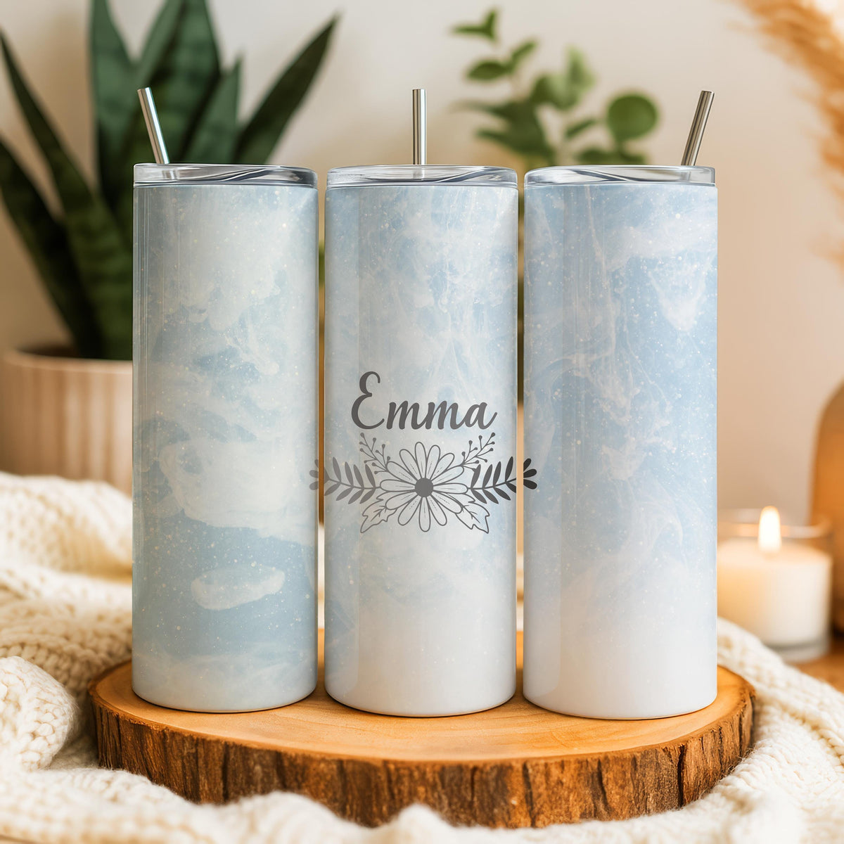 Personalized Flower Design Tumbler With Straw, Custom Colorful Floral Coffee Cup