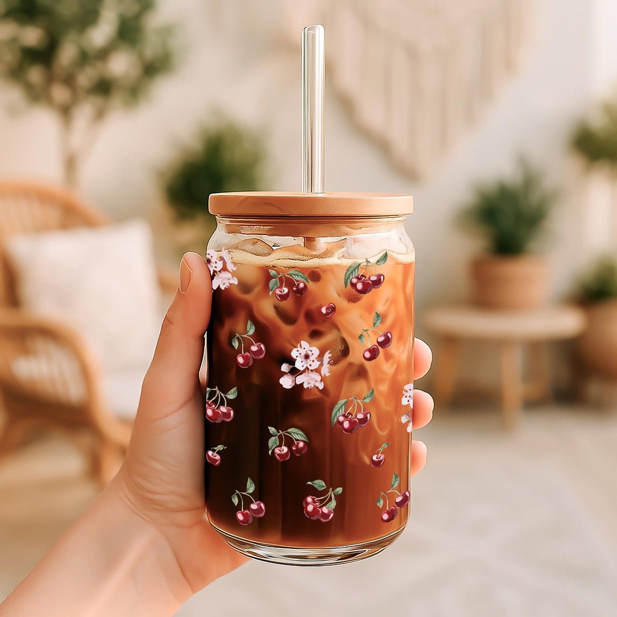 Personalized Cherries And Flowers Glass Tumbler