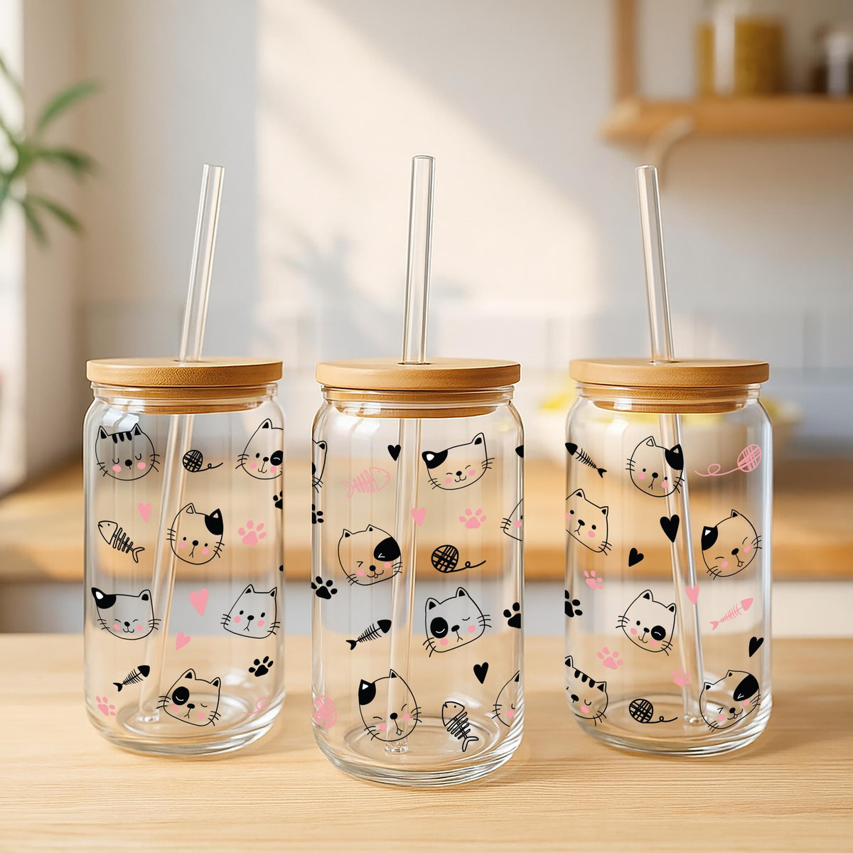 Cat Faces With Pink Paw Marks Glass Cup, Cute Cats And Fish Bones Tumbler, Cat Owners Gift