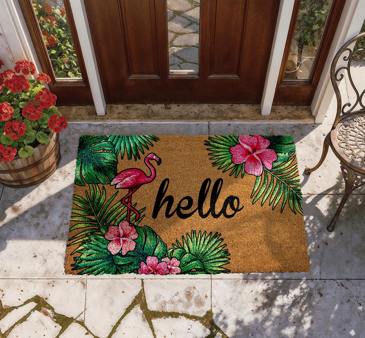 Tropical Vibe Welcome Mat, Pink Flamingos Doormat, Beach House Entryway Natural Coir Mat