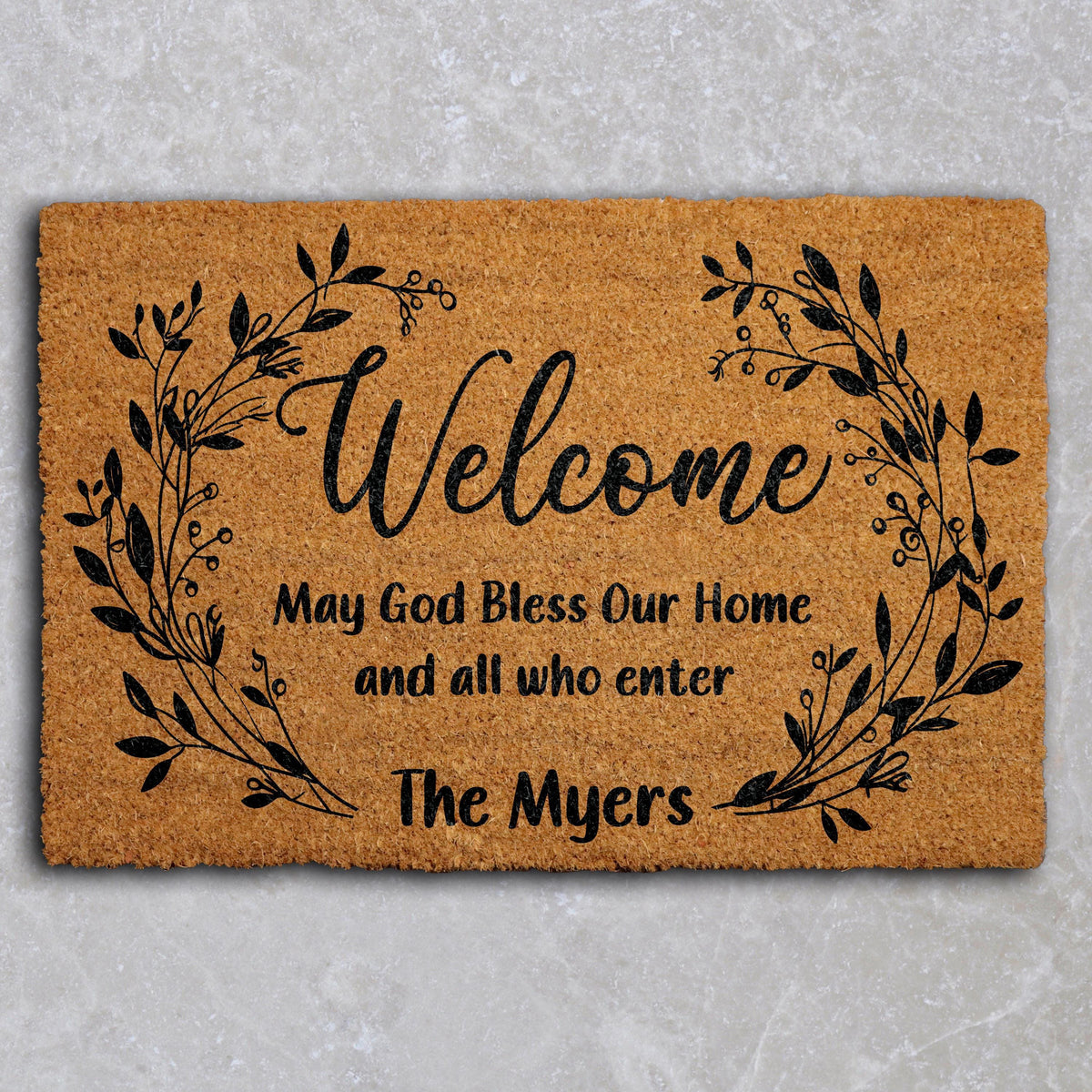 May God Bless Our Home Welcome Mat, Custom Name Believer Family Doormat