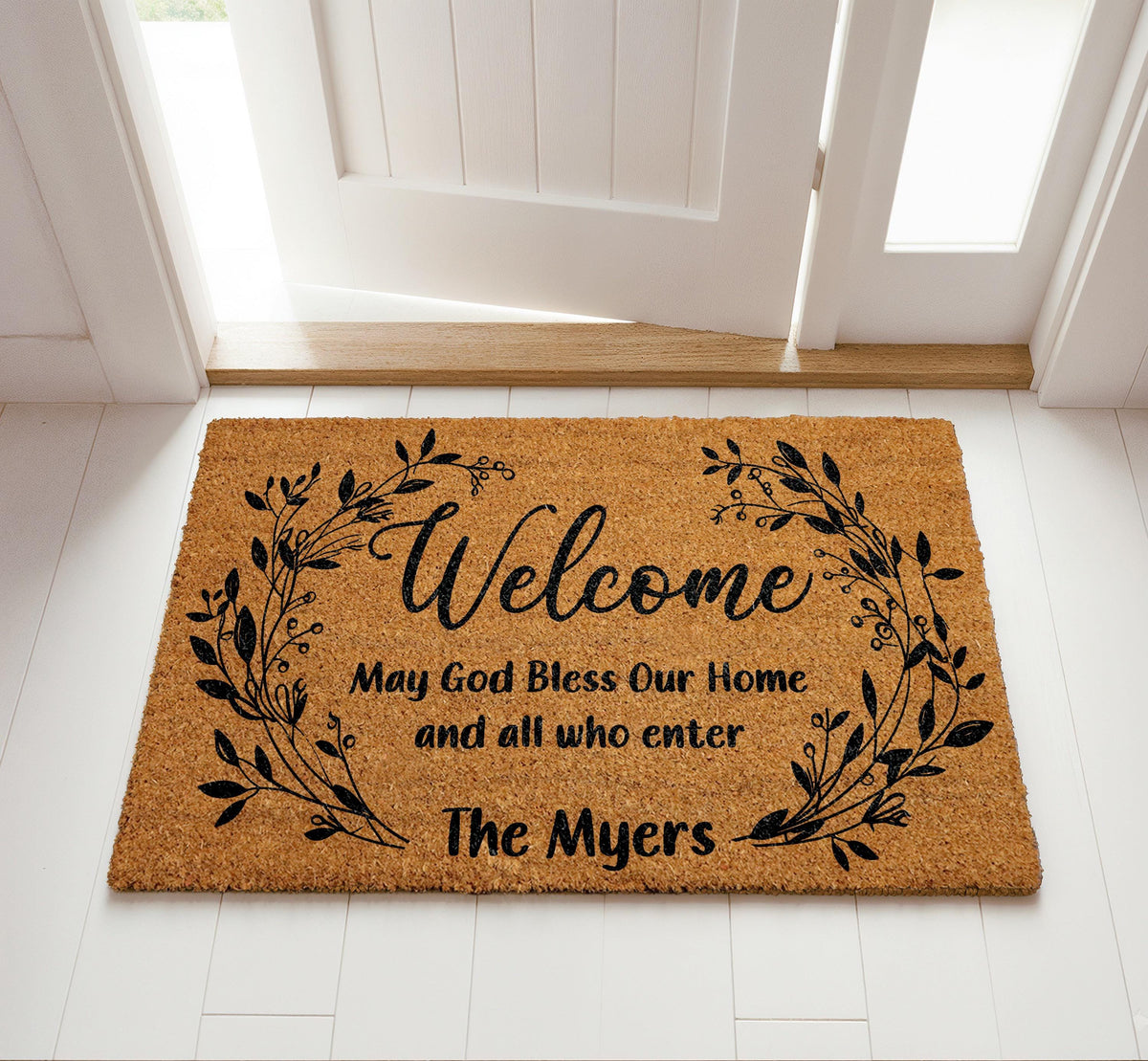 May God Bless Our Home Welcome Mat, Custom Name Believer Family Doormat