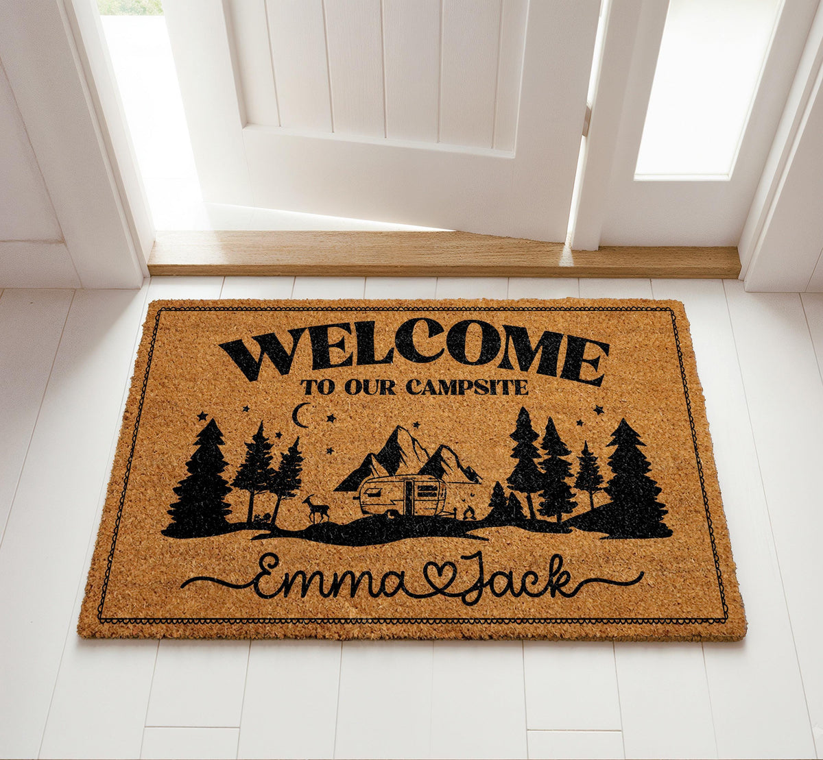 Custom Name Welcome To Our Campsite Doormat, Personalized Camper Couple Welcome Mat