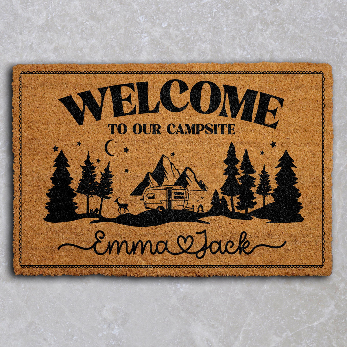 Custom Name Welcome To Our Campsite Doormat, Personalized Camper Couple Welcome Mat