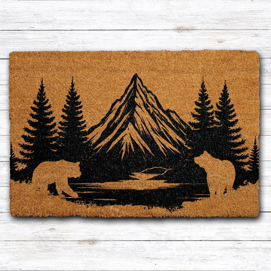 Bear Family & Mountain Silhouette Doormat, Mountain Cabin Welcome Mat
