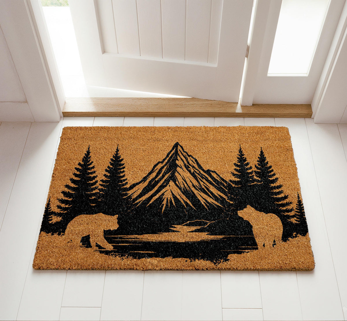Bear Family & Mountain Silhouette Doormat, Mountain Cabin Welcome Mat