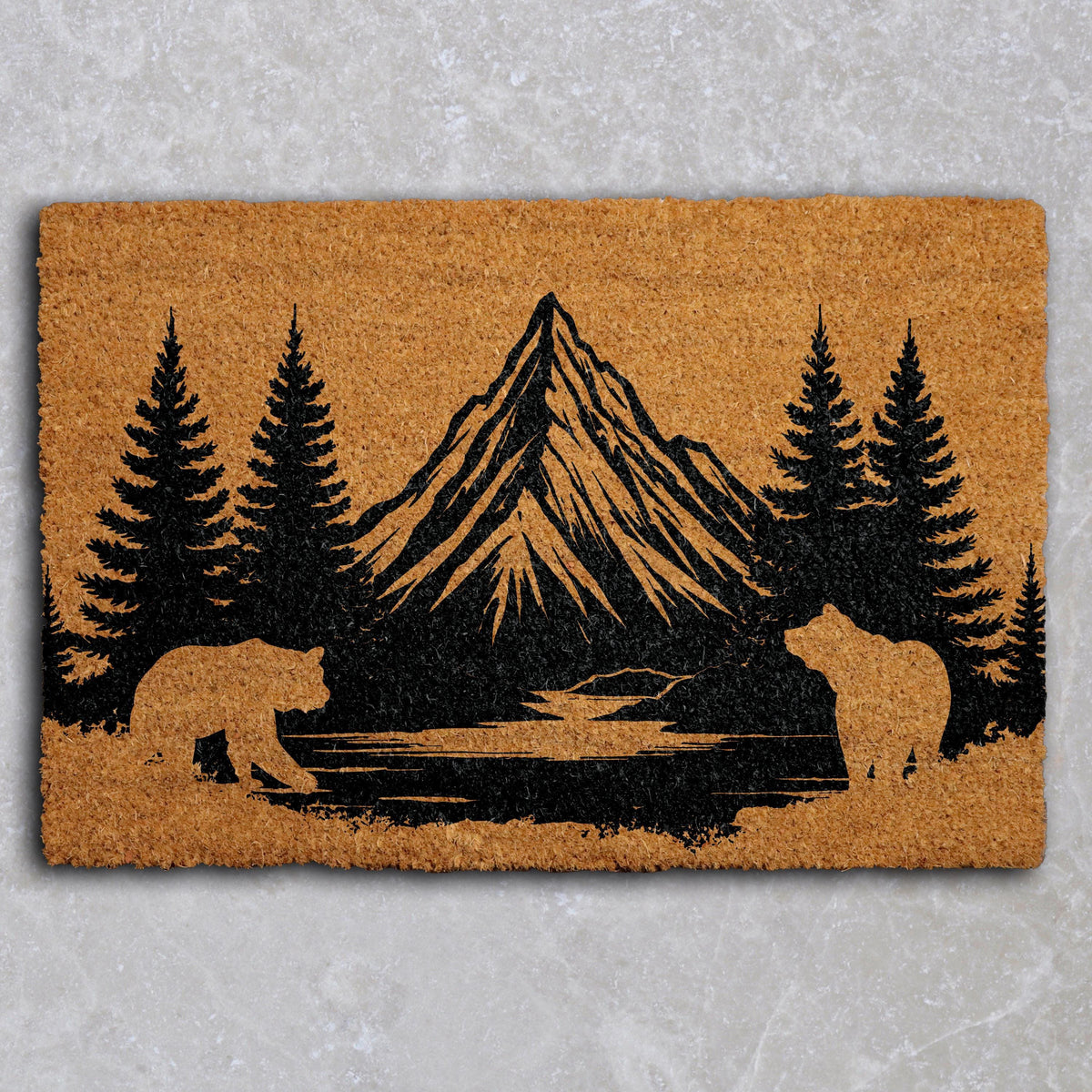 Bear Family & Mountain Silhouette Doormat, Mountain Cabin Welcome Mat