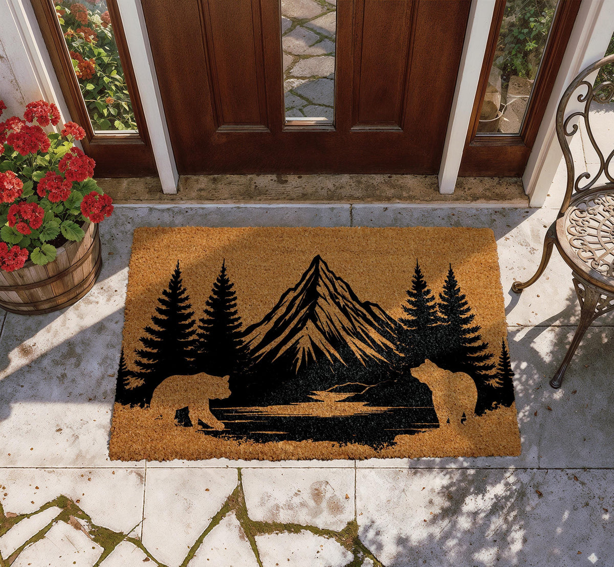 Bear Family & Mountain Silhouette Doormat, Mountain Cabin Welcome Mat