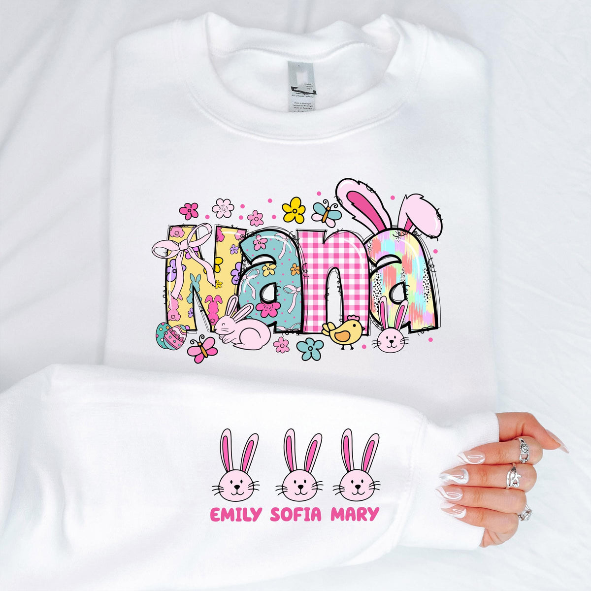 Custom Easter Nana Sweatshirt, Grandkids Names on Sleeve Easter Shirt, Bunny Nana Easter Gift Tee