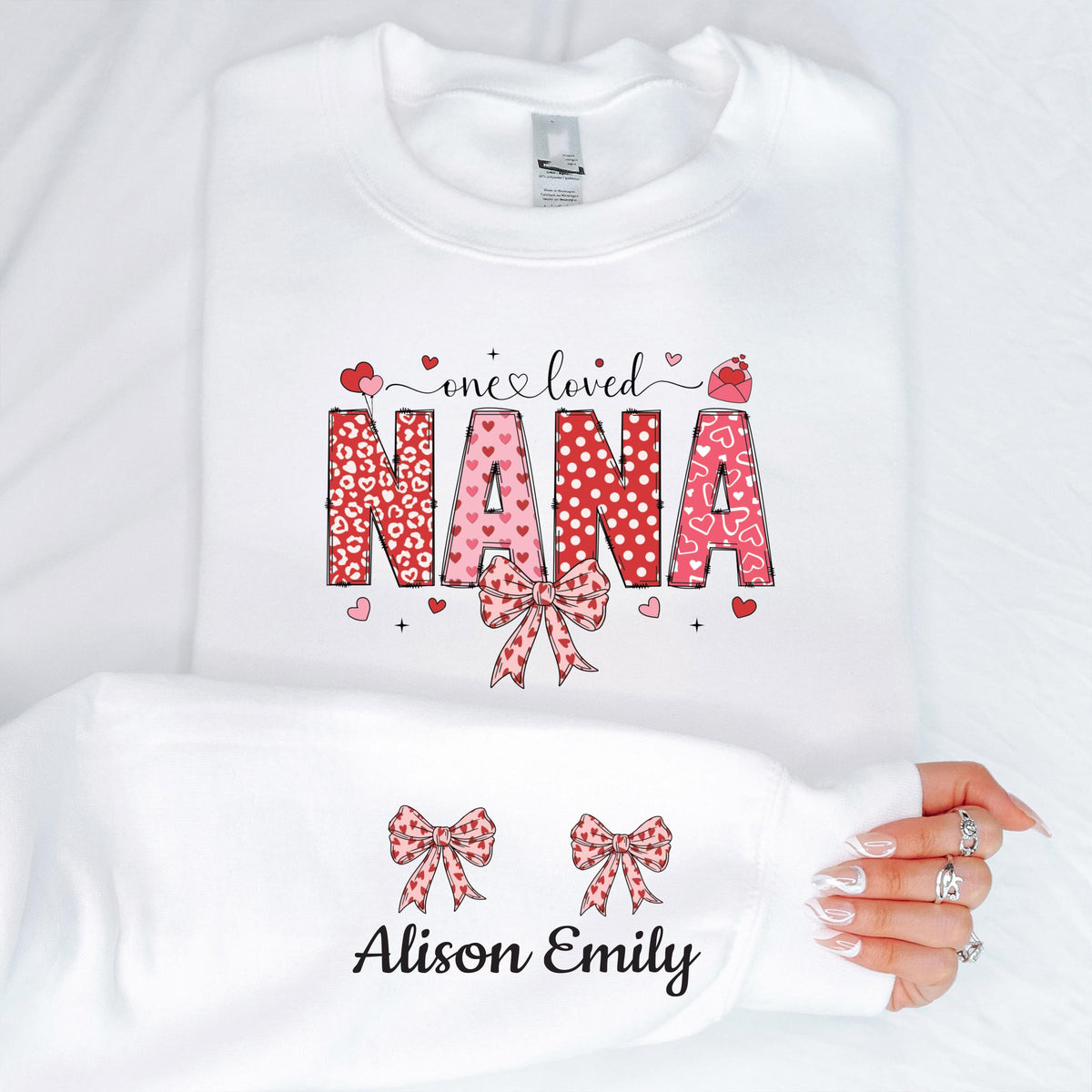 Custom Nana Sweater with Name on Sleeve, Coquette Bow Nana Shirt, Valentine's Day Nana Gift Tee