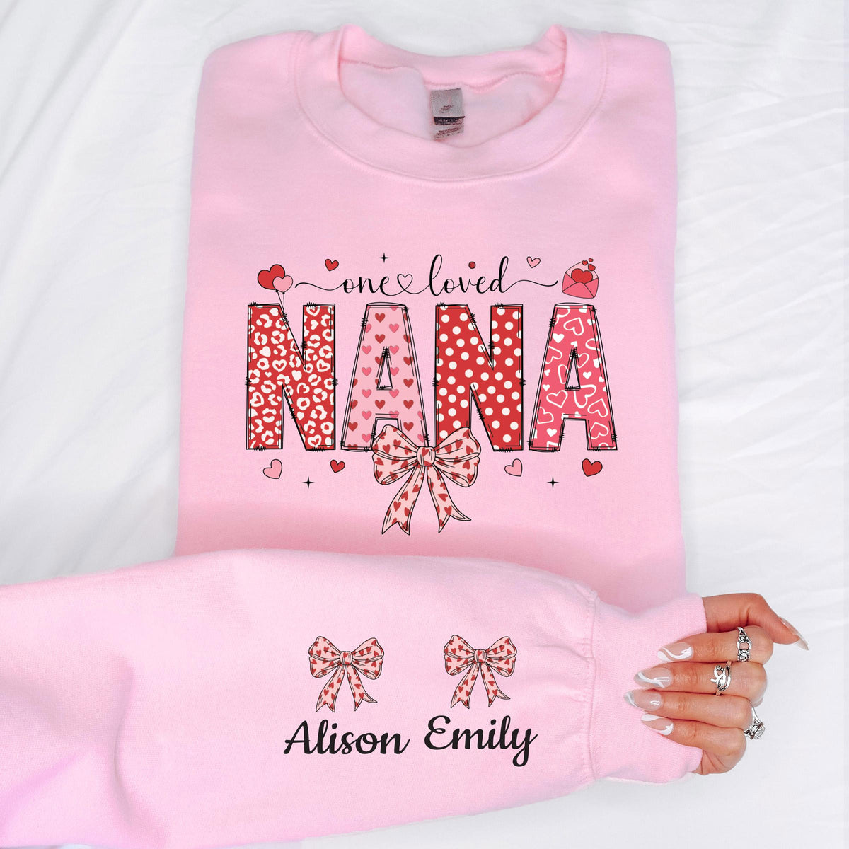 Custom Nana Sweater with Name on Sleeve, Coquette Bow Nana Shirt, Valentine's Day Nana Gift Tee