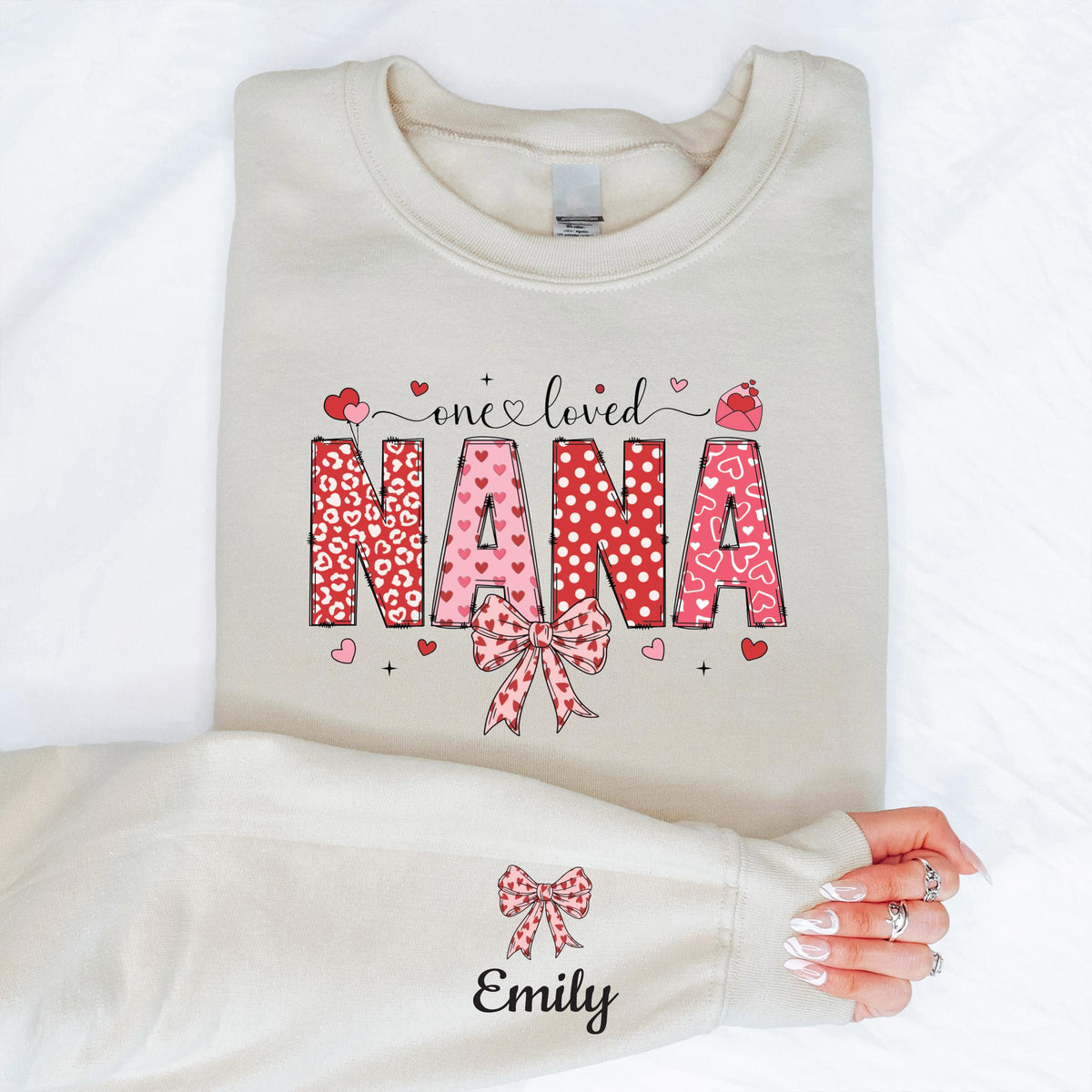 Custom Nana Sweater with Name on Sleeve, Coquette Bow Nana Shirt, Valentine's Day Nana Gift Tee