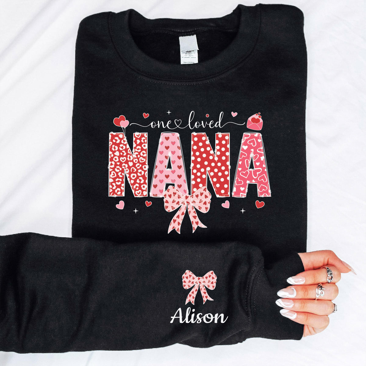 Custom Nana Sweater with Name on Sleeve, Coquette Bow Nana Shirt, Valentine's Day Nana Gift Tee
