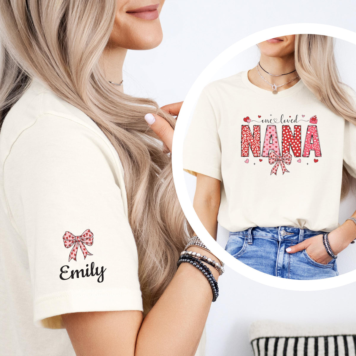 Custom Nana Sweater with Name on Sleeve, Coquette Bow Nana Shirt, Valentine's Day Nana Gift Tee