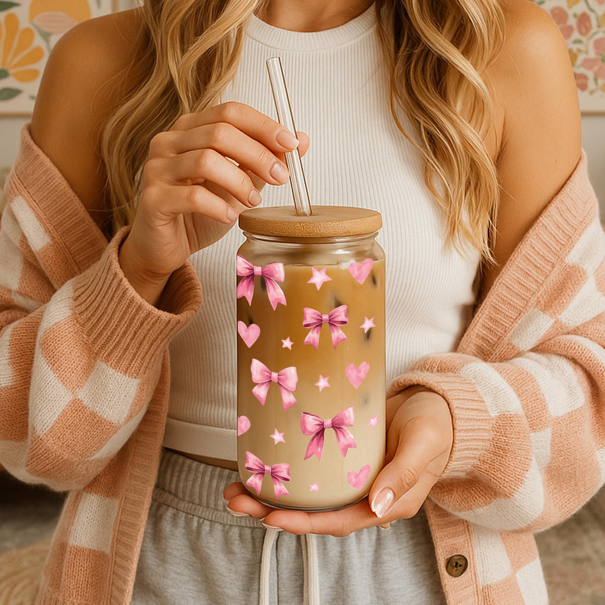 Coquette Pink Bow Glass Tumbler, Girly Iced Coffee Cup, Girly Iced Coffee Glass Cup