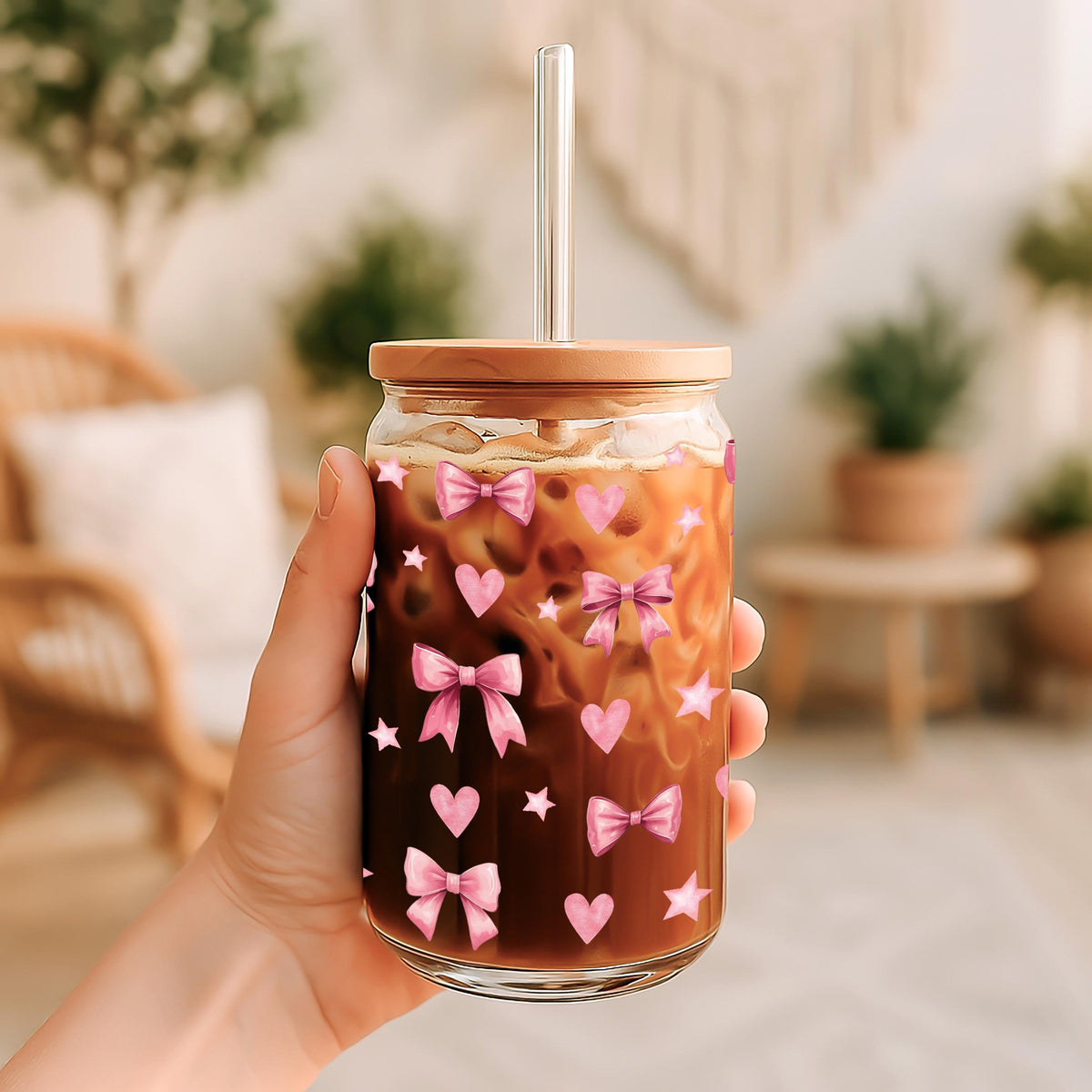 Coquette Pink Bow Glass Tumbler, Girly Iced Coffee Cup, Girly Iced Coffee Glass Cup
