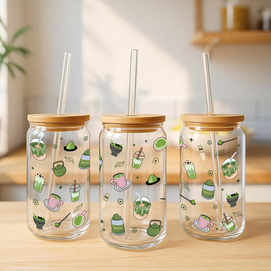 Matcha Girly Glass Tumbler, Aesthetic Matcha Theme Cup, Matcha Lover Gift