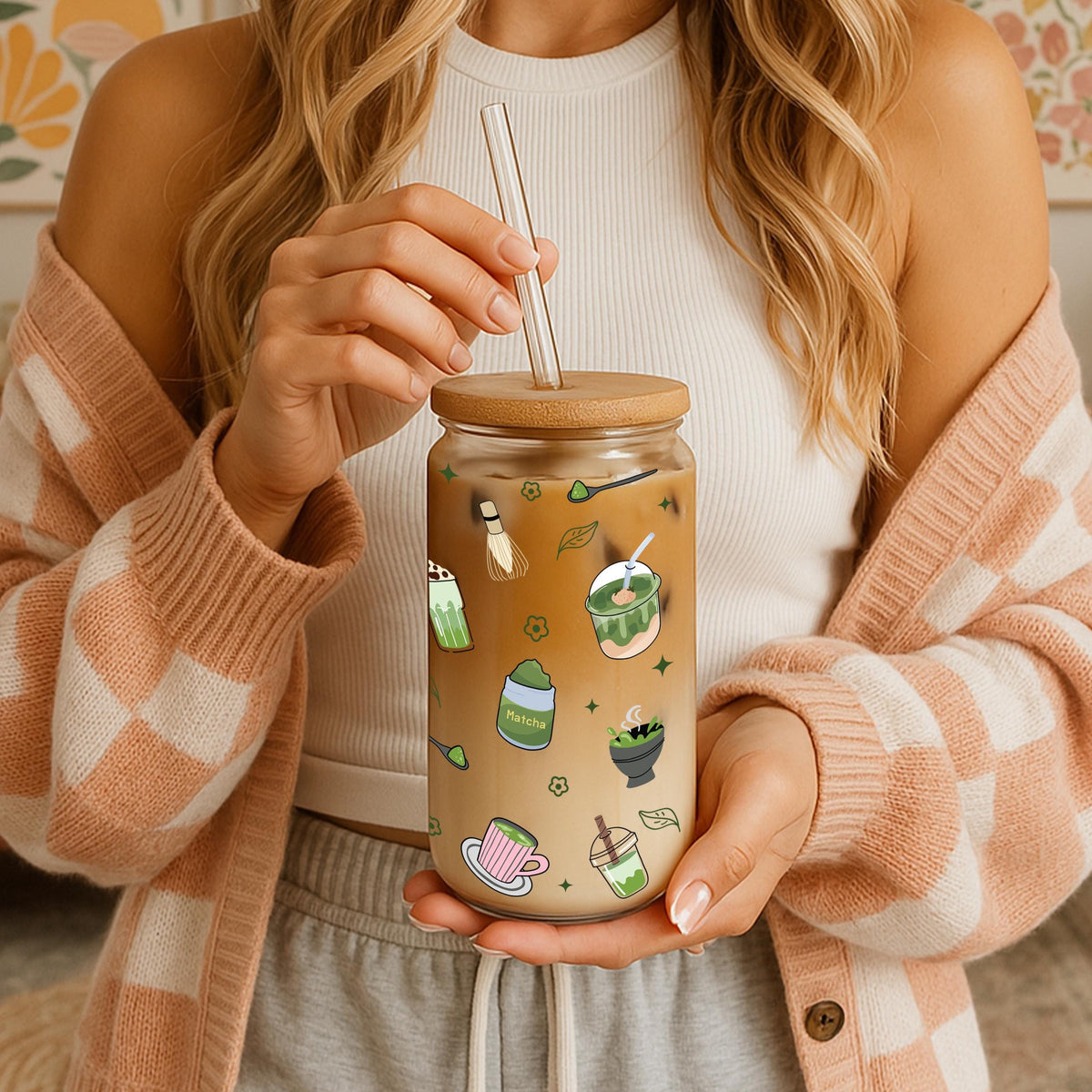 Matcha Girly Glass Tumbler, Aesthetic Matcha Theme Cup, Matcha Lover Gift