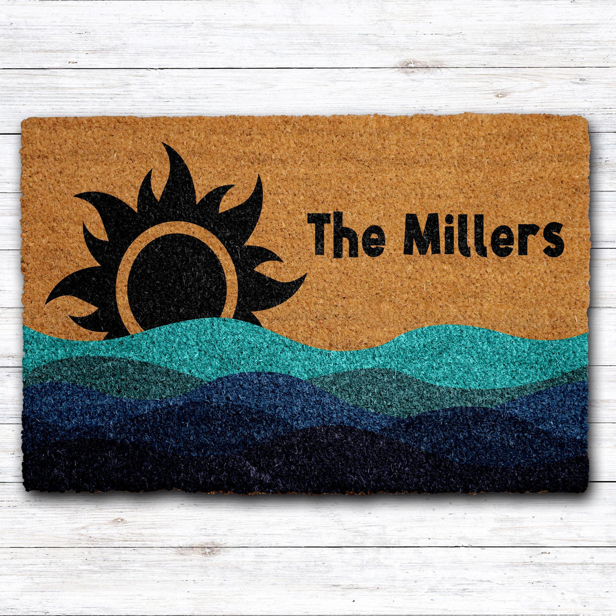 Personalized Tribal Sun & Waves Welcome Mat, Family Name Beach House Doormat