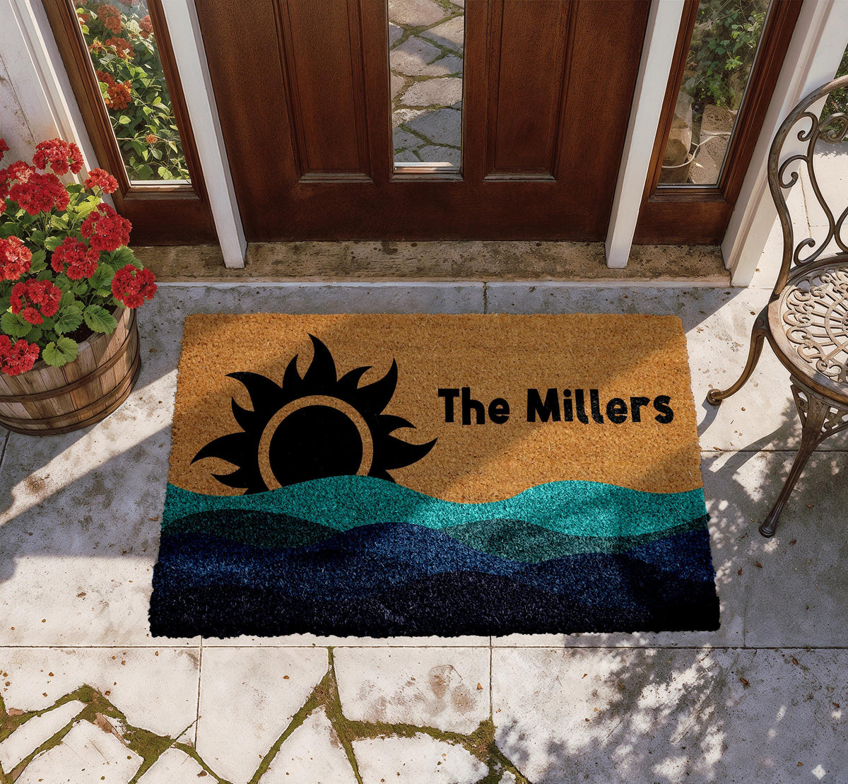Personalized Tribal Sun & Waves Welcome Mat, Family Name Beach House Doormat