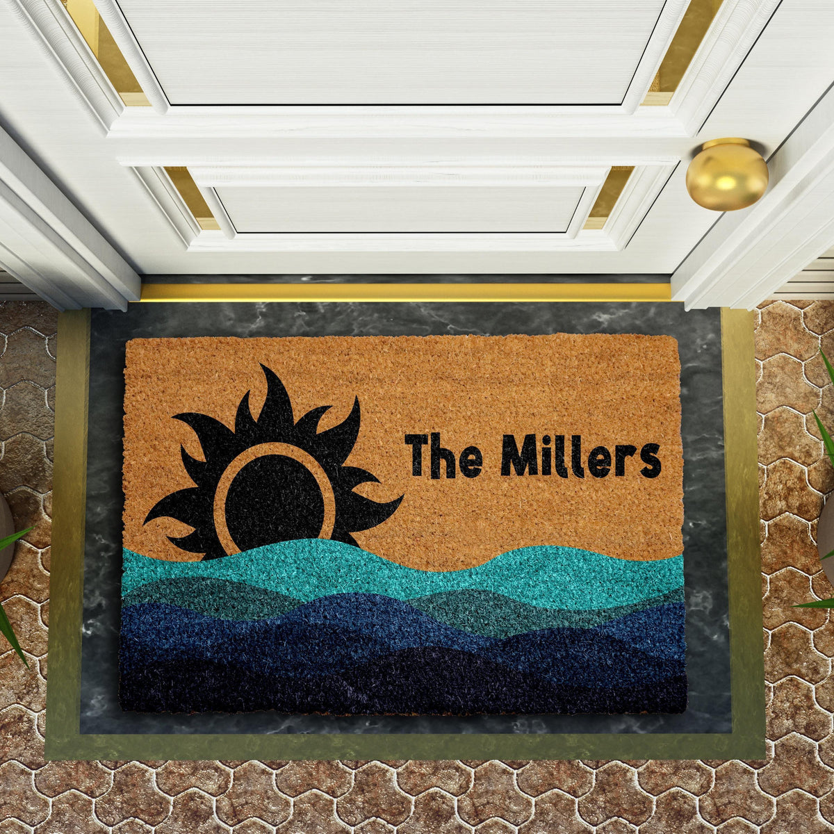 Personalized Tribal Sun & Waves Welcome Mat, Family Name Beach House Doormat