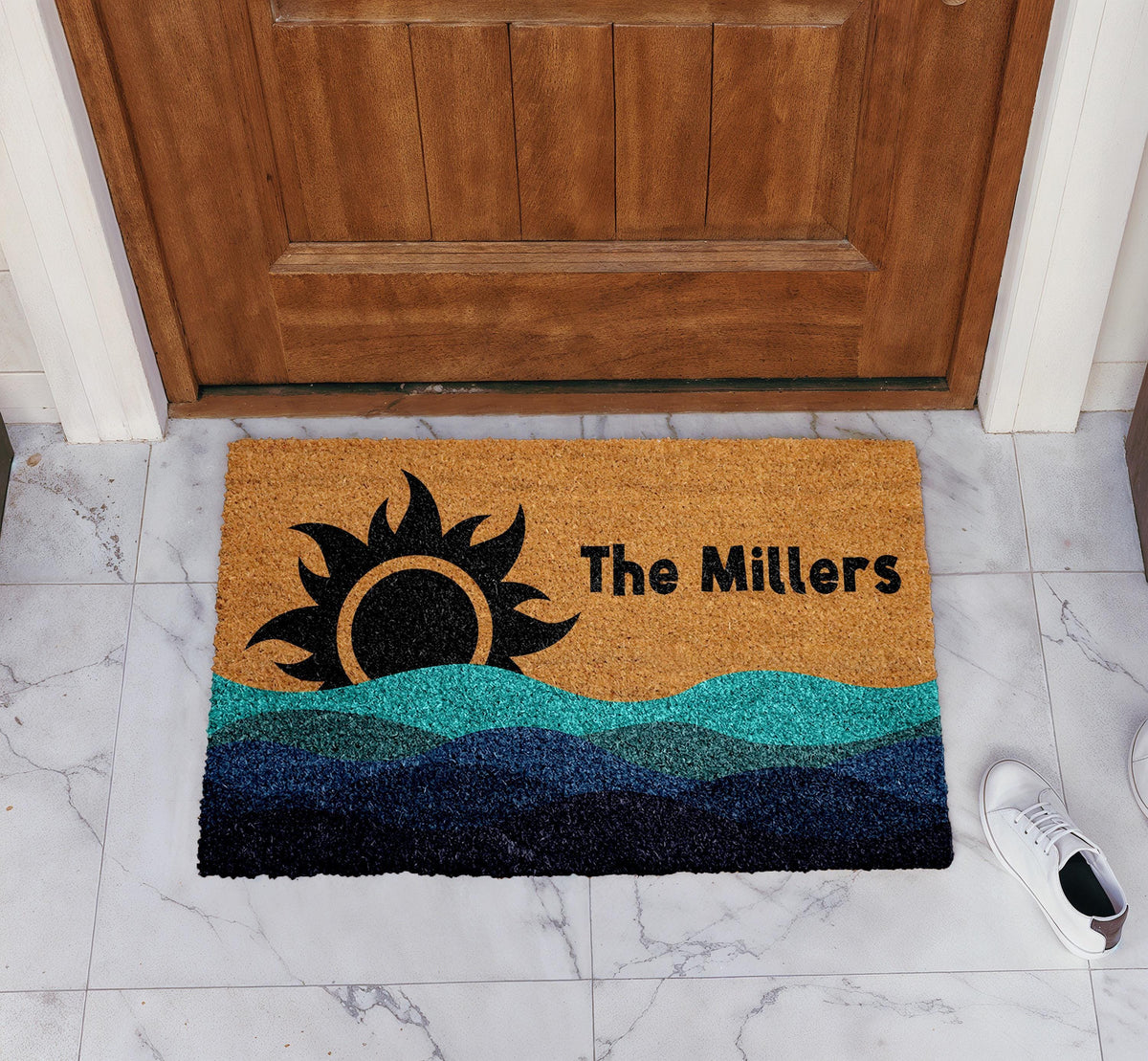 Personalized Tribal Sun & Waves Welcome Mat, Family Name Beach House Doormat