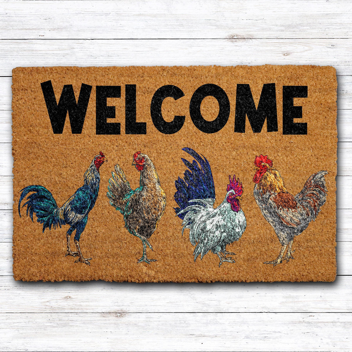 Chicken Design Welcome Mat, Funny Farmhouse Coir Doormat, Chicken Lover Home Entrance Decor