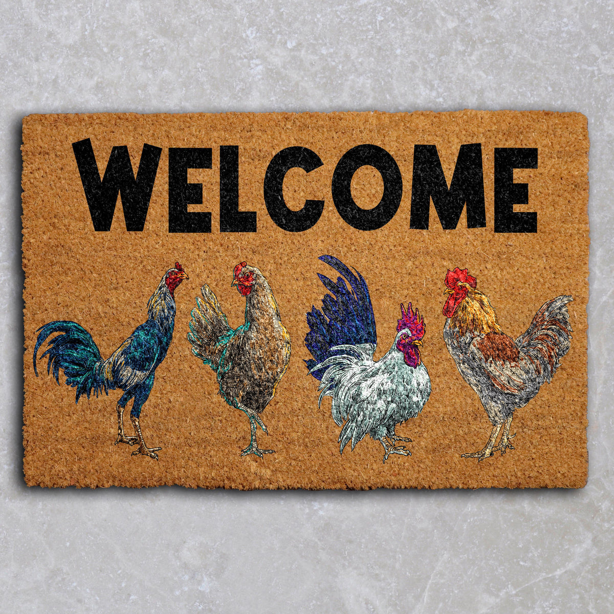 Chicken Design Welcome Mat, Funny Farmhouse Coir Doormat, Chicken Lover Home Entrance Decor