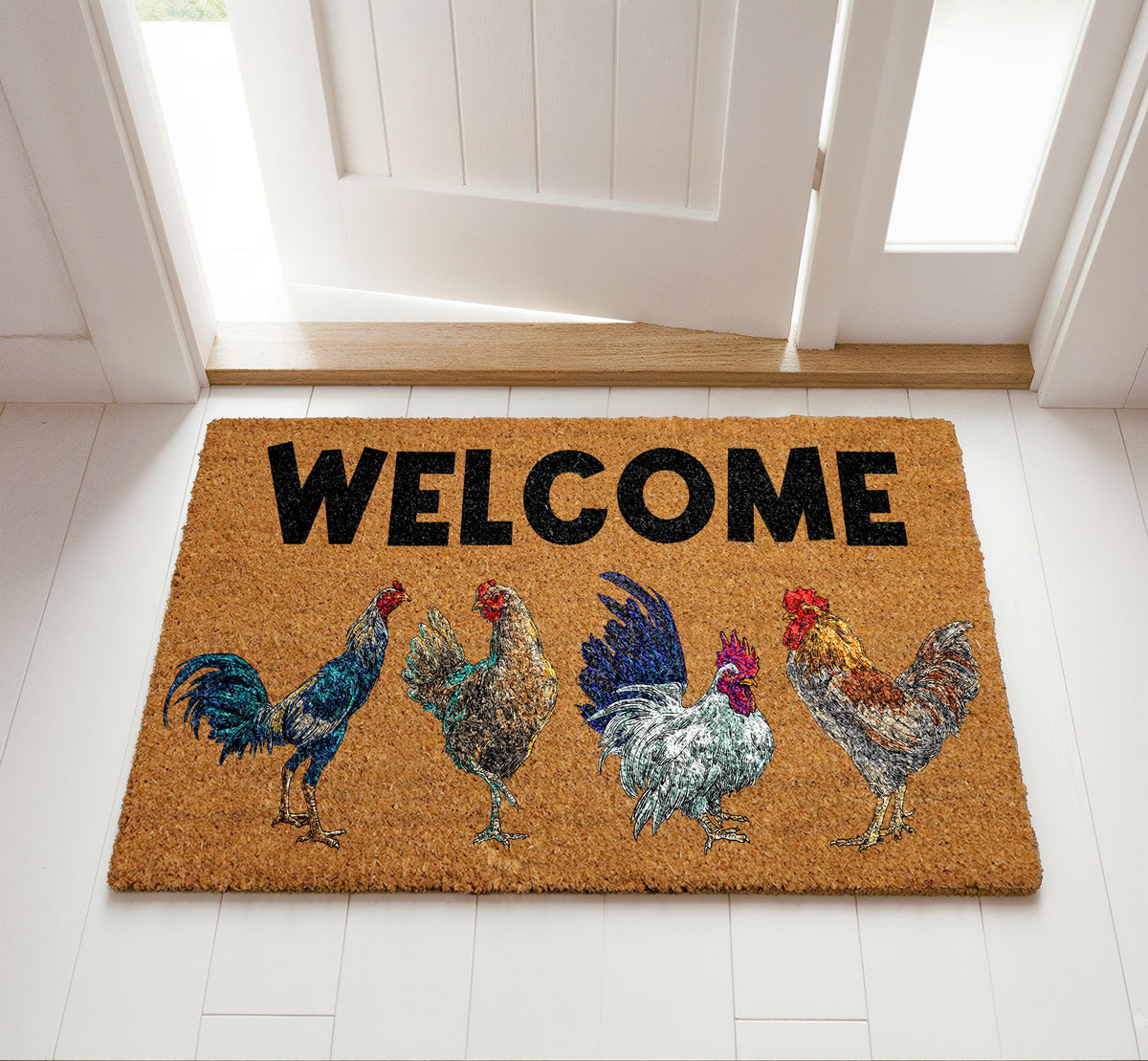 Chicken Design Welcome Mat, Funny Farmhouse Coir Doormat, Chicken Lover Home Entrance Decor