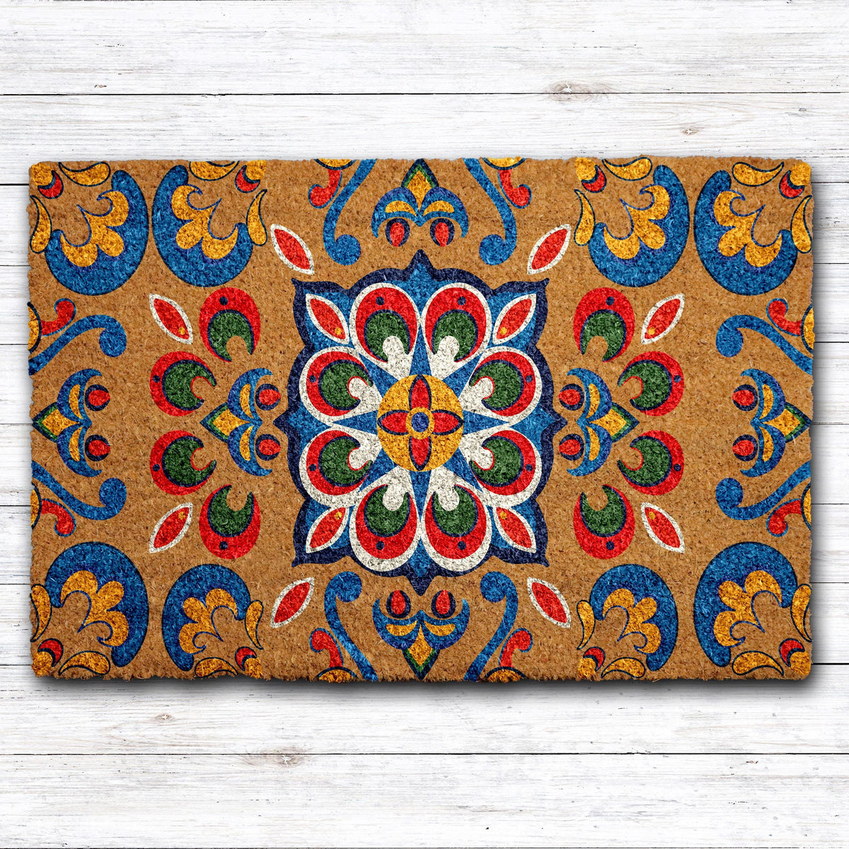 Retro Carpet Pattern Doormat, Colorful Mandala Welcome Mat, Boho Chic Naturel Coir Mat