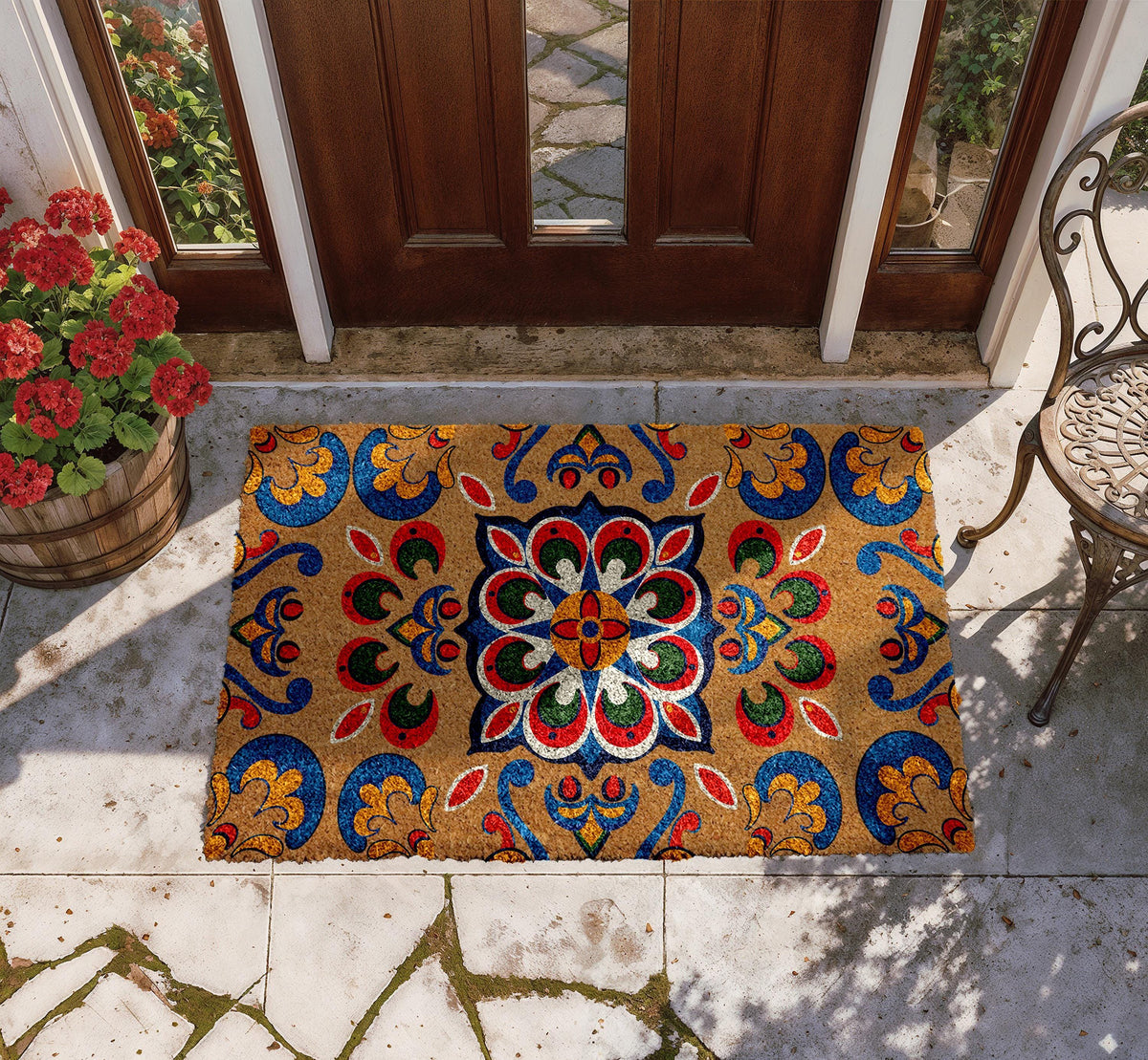 Retro Carpet Pattern Doormat, Colorful Mandala Welcome Mat, Boho Chic Naturel Coir Mat