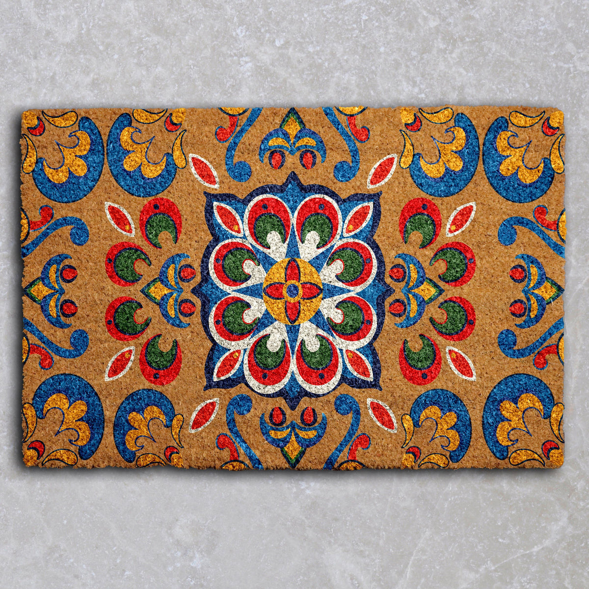 Retro Carpet Pattern Doormat, Colorful Mandala Welcome Mat, Boho Chic Naturel Coir Mat