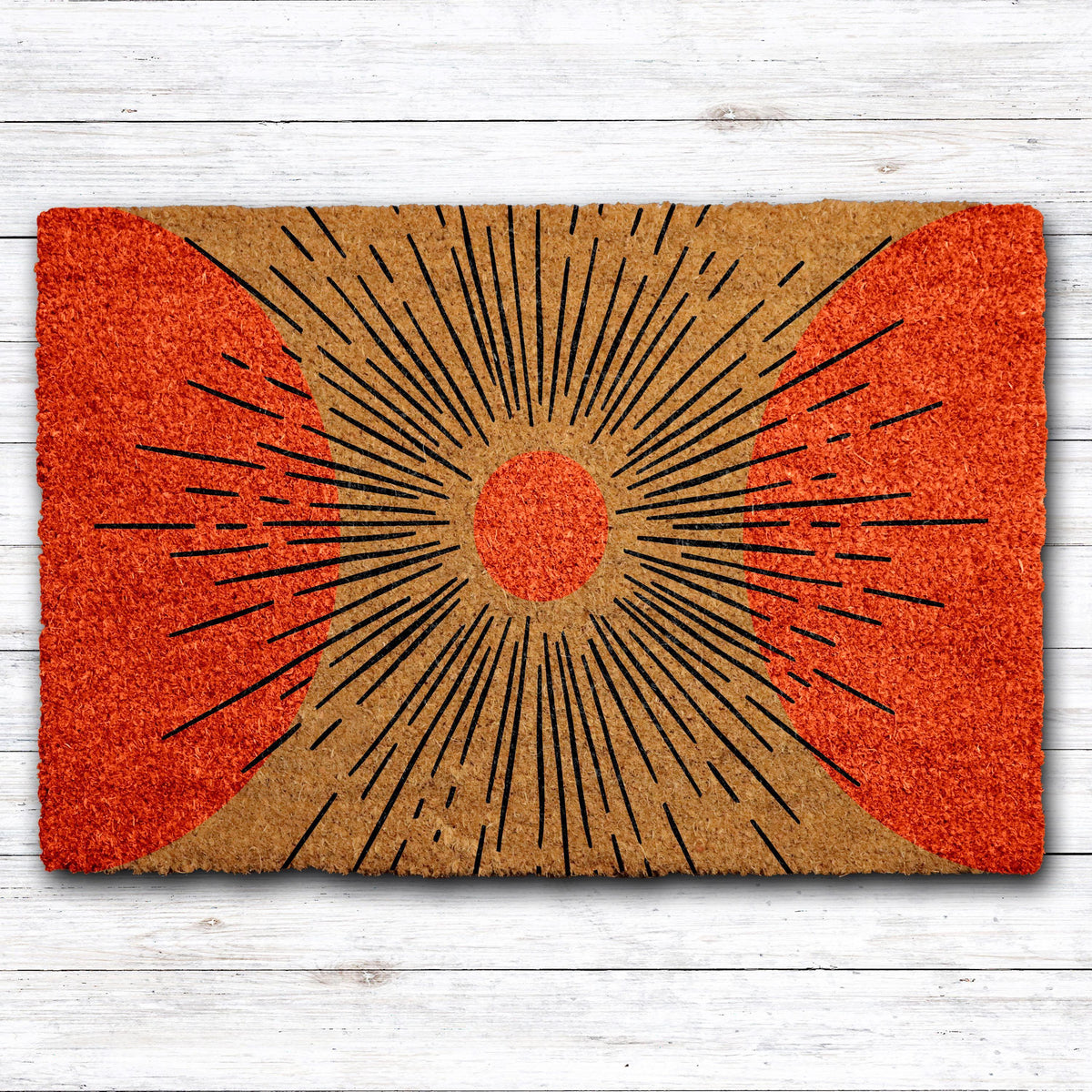 Sunburst Design Welcome Mat, Modern Art Naturel Coir Doormat, Minimalist Front Porch Mat