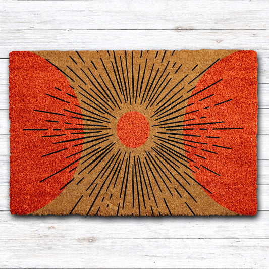 Sunburst Design Welcome Mat, Modern Art Naturel Coir Doormat, Minimalist Front Porch Mat