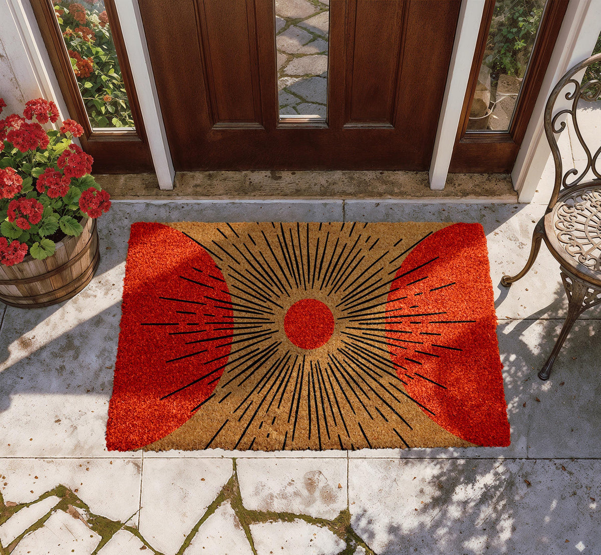 Sunburst Design Welcome Mat, Modern Art Naturel Coir Doormat, Minimalist Front Porch Mat