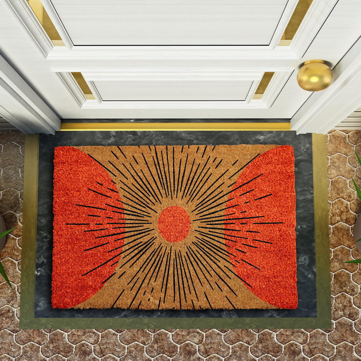 Sunburst Design Welcome Mat, Modern Art Naturel Coir Doormat, Minimalist Front Porch Mat