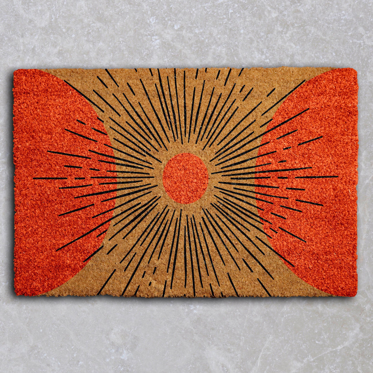 Sunburst Design Welcome Mat, Modern Art Naturel Coir Doormat, Minimalist Front Porch Mat