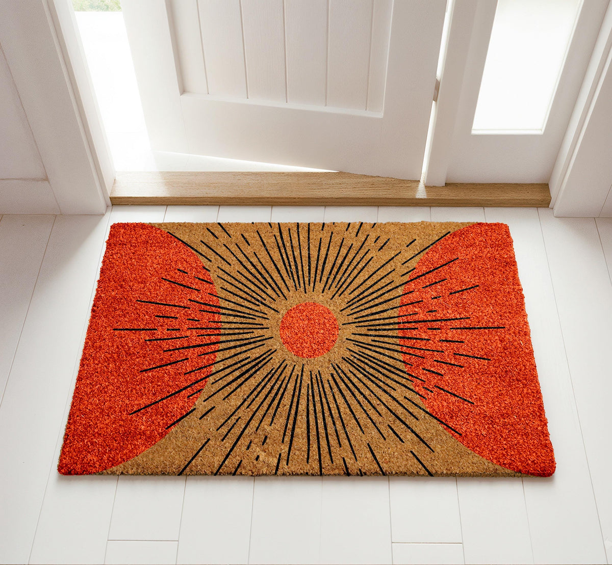 Sunburst Design Welcome Mat, Modern Art Naturel Coir Doormat, Minimalist Front Porch Mat