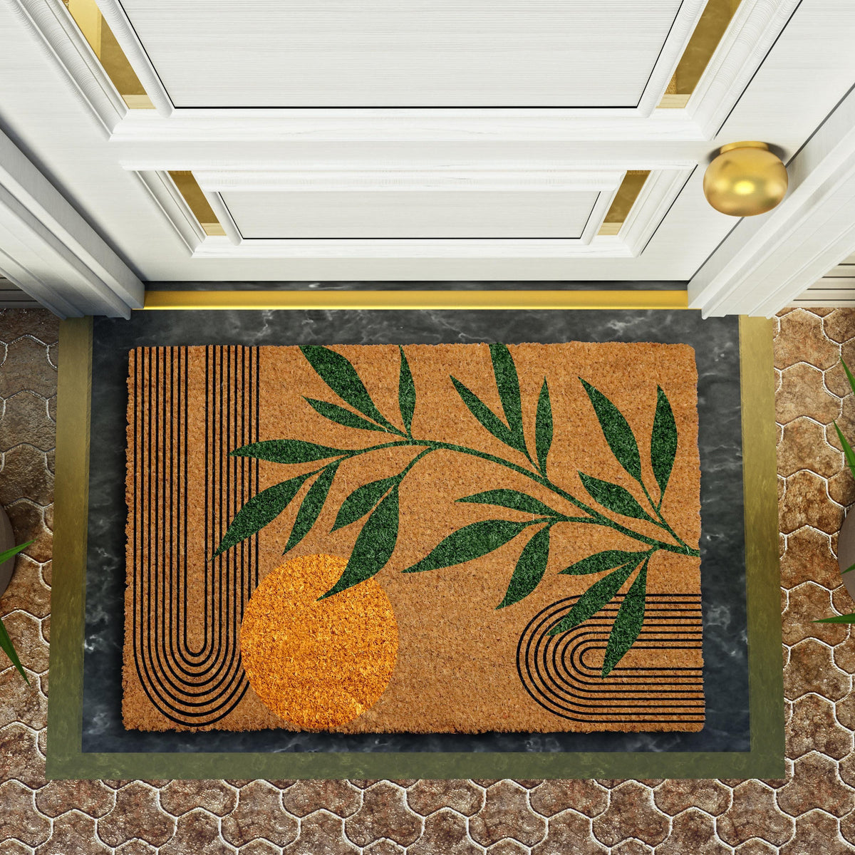 Boho Minimalist Welcome Mat, Abstract Sun Design Doormat, Modern Art Home Entrance Mat