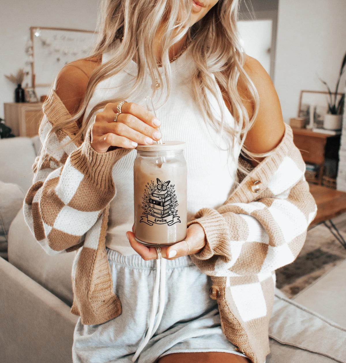 Custom Name Floral Bookish Can Glass Tumbler, Books And Flower Design Iced Coffee Tumbler