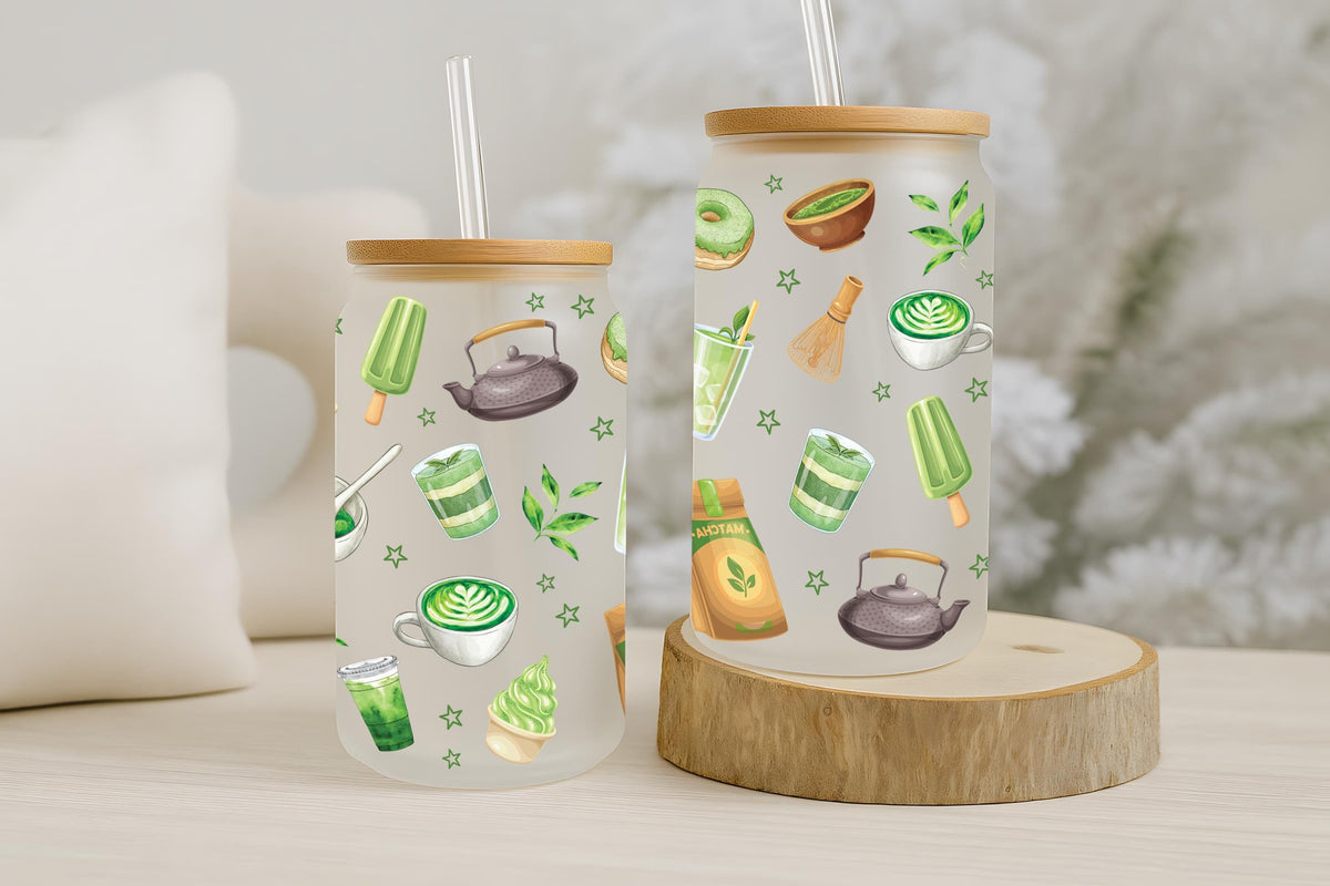 Matcha Themed Can Glass Tumbler, Bamboo Lid Sipper Cup For Japanese Green Tea