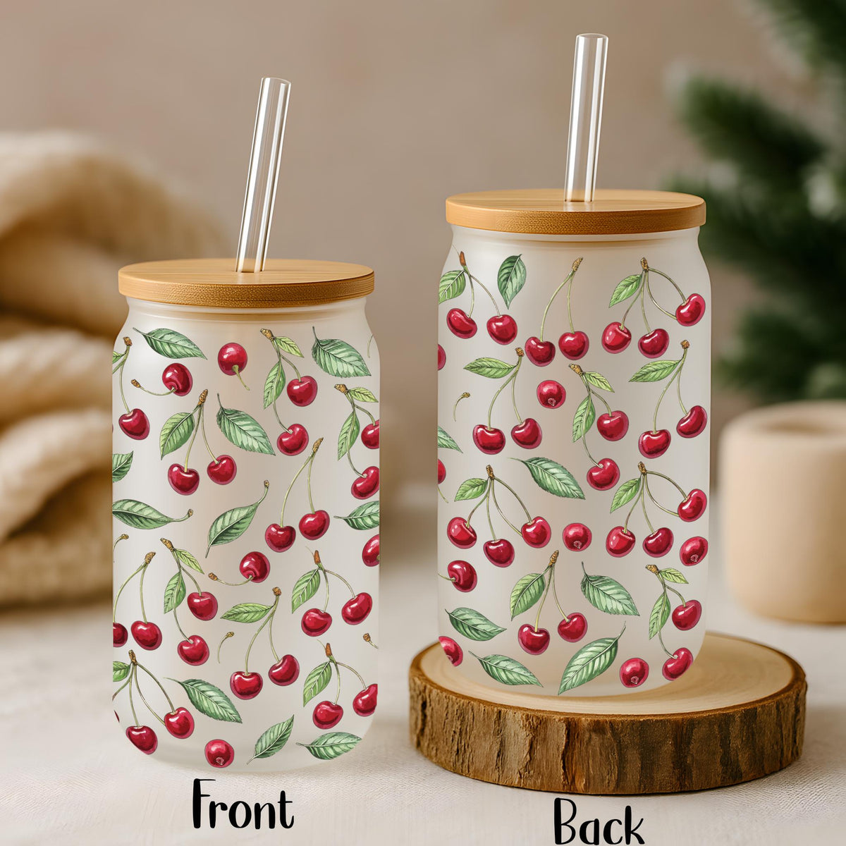 Cherry Illustration Pattern Can Glass Tumbler, Aesthetic Summer Vibes Iced Coffee Cup