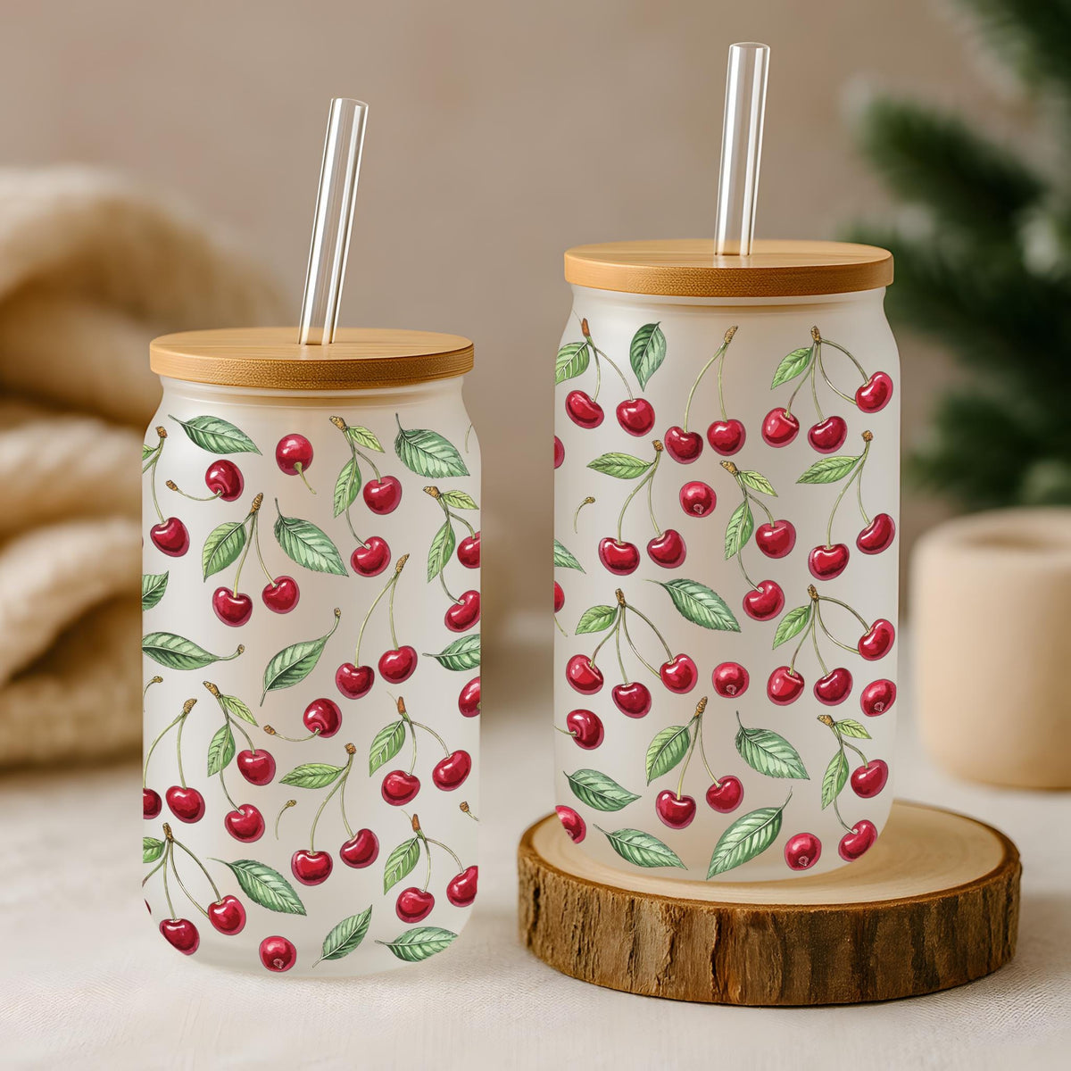 Cherry Illustration Pattern Can Glass Tumbler, Aesthetic Summer Vibes Iced Coffee Cup