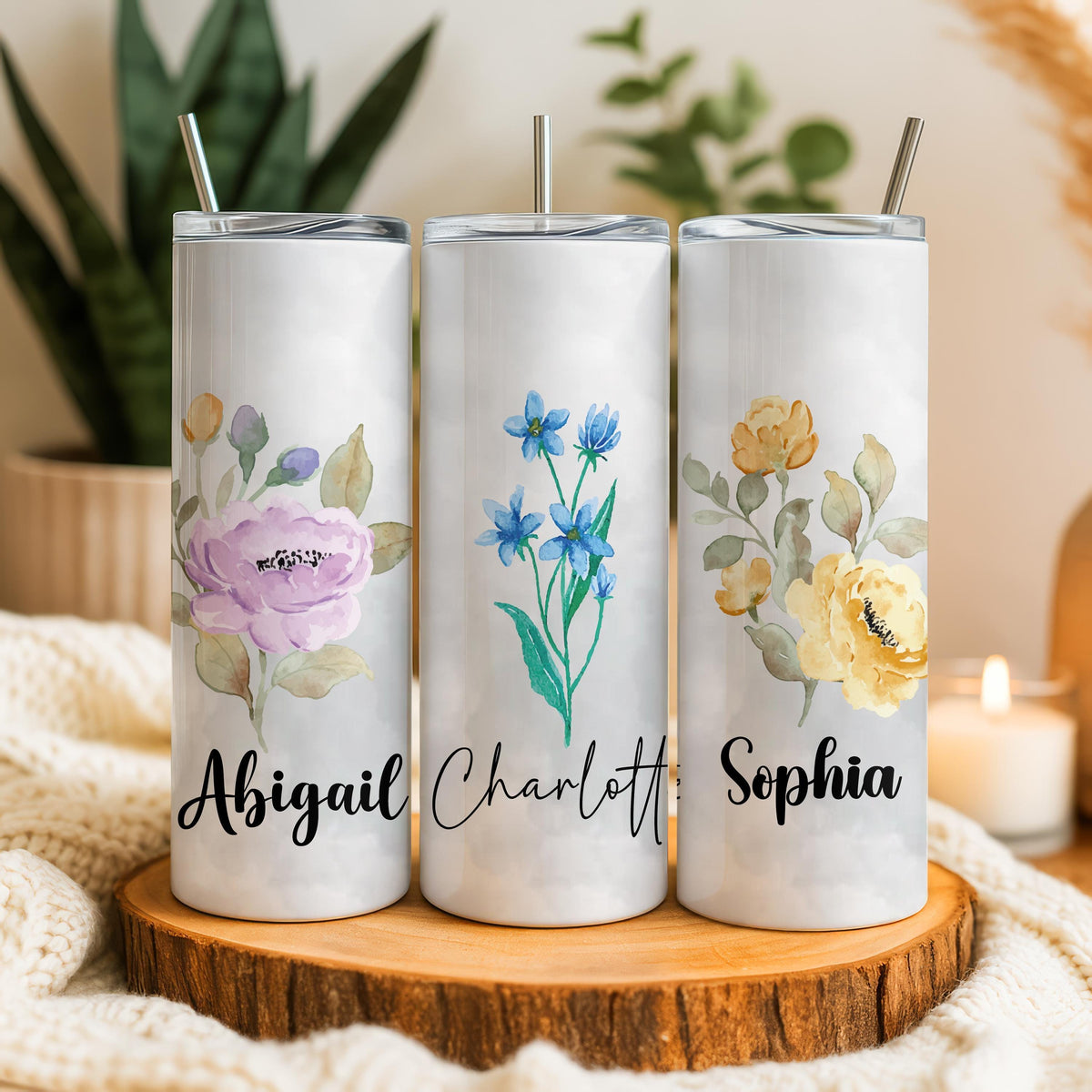 Personalized Flower Tumbler, Custom Floral Tumbler, Colorful Flower Tumbler With Straw