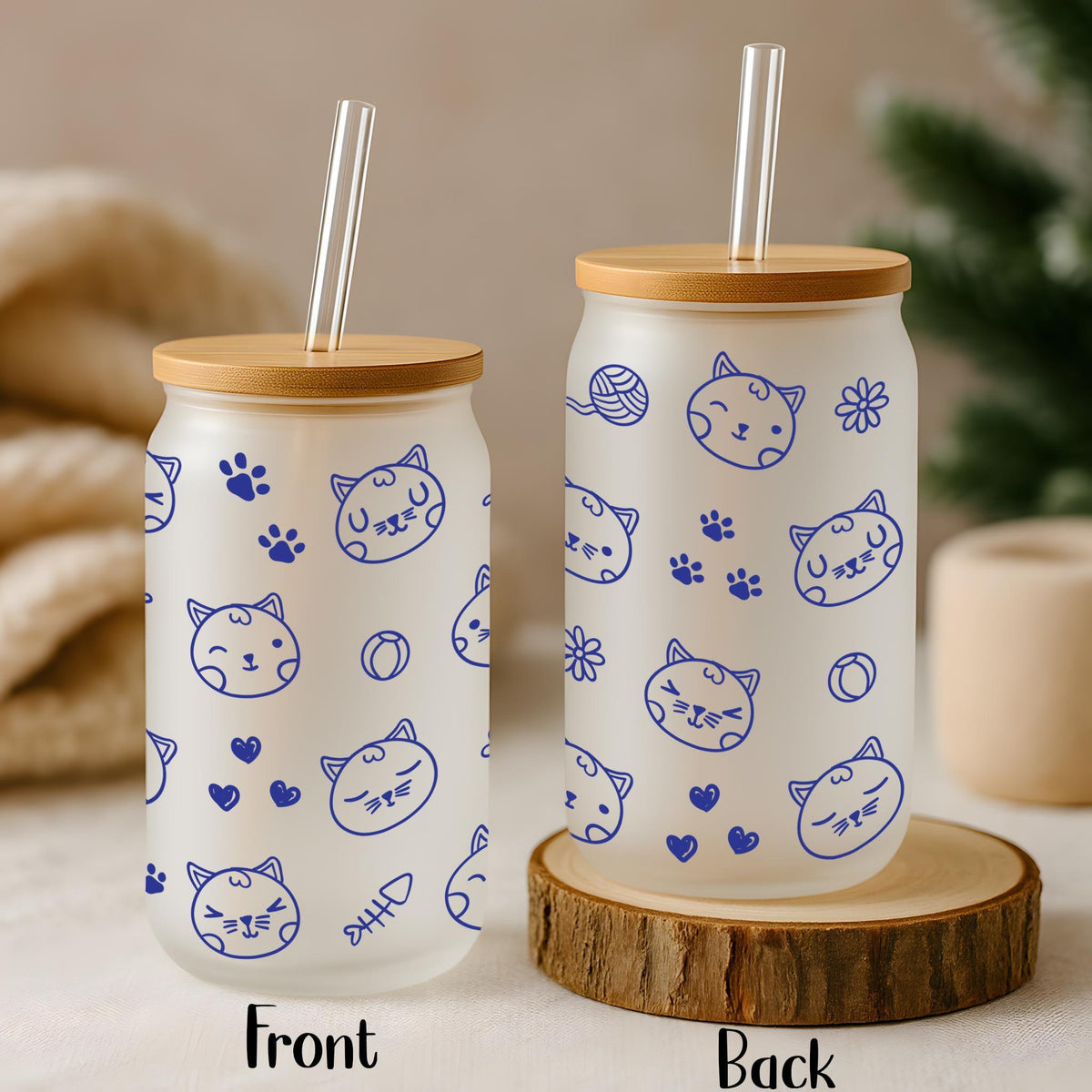 Cat Face & Small Hearts Doodle Can Glass Tumbler, Cute Cat Mom Iced Coffee Cup